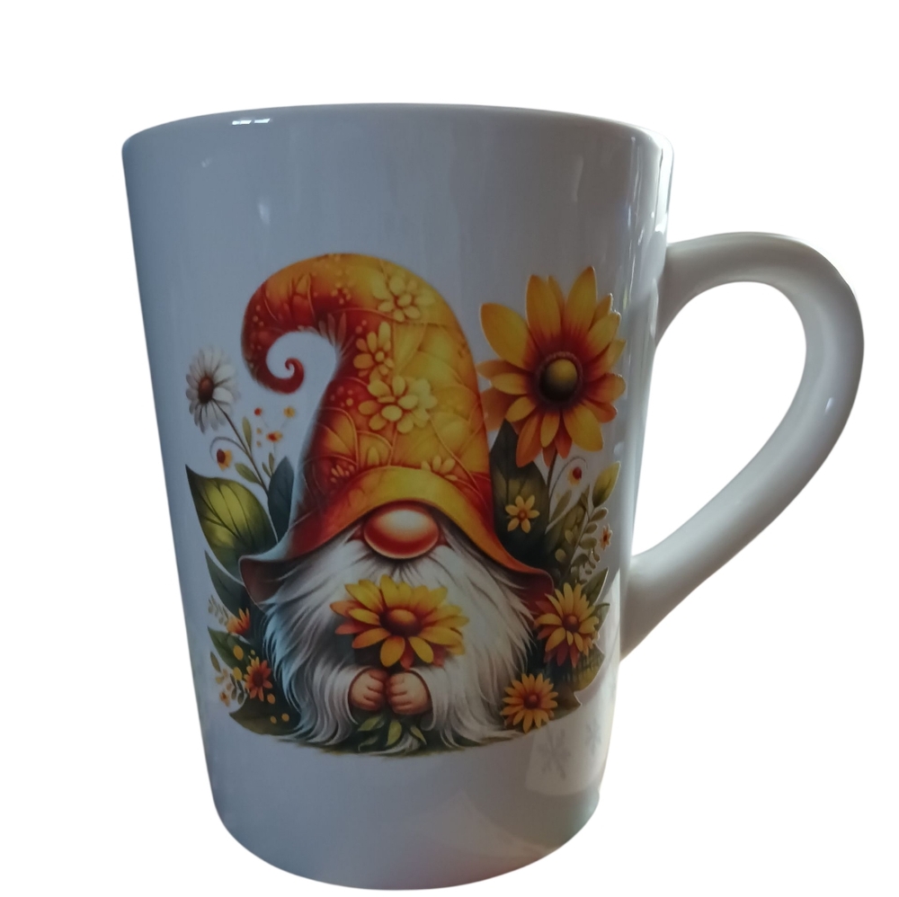 Hand Crafted White Mug with Yellow Gnome Design